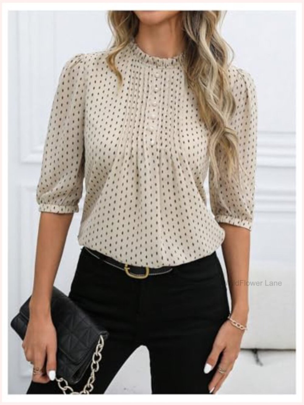 Half Puff Sleeve Polka Dot Blouse Button Mock Neck Pleated Tops - Picture 4 of 5